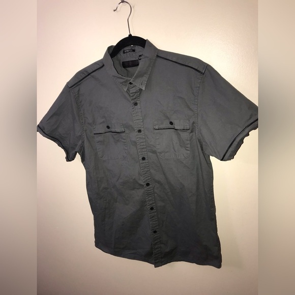 STEVE’S Jeans Mens Cotton Gray Military Style Short Sleeve Button Down Shirt L - Picture 4 of 11